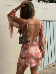 Ruched V-Neck Animal Floral Print Mini Dress