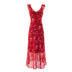 Red floral print v-neck ruffle midi dress