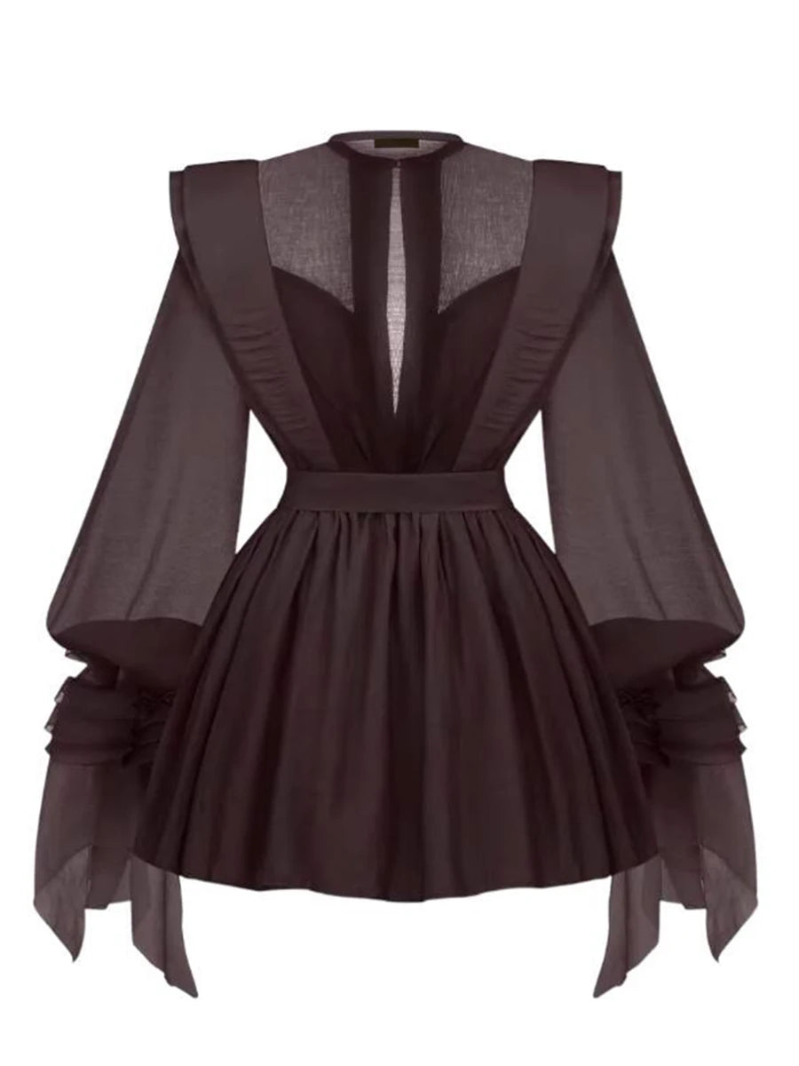 Dark brown dress with sheer sleeves and back on a white background