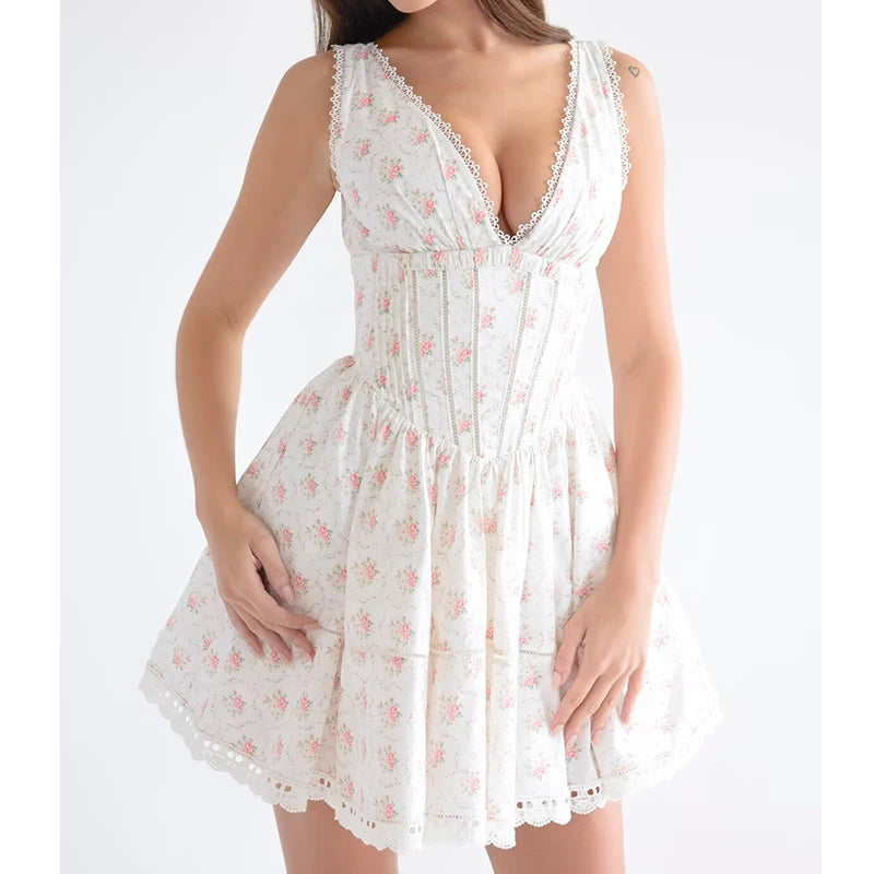 White floral dress with a plunging neckline on a white background
