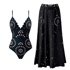 Scallop Neckline One-Piece Swimsuit with Eyelet Midi Skirt Set