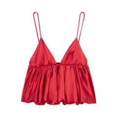 Red Solid Satin Puff Short Camisole Top