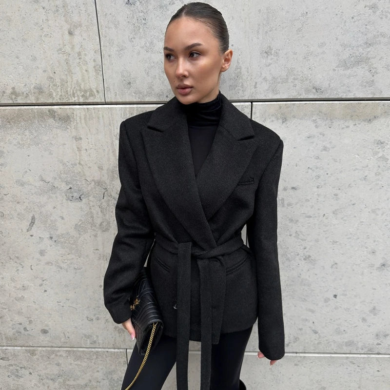 Belted Lapel Collar Blazer in black with double-breasted closure