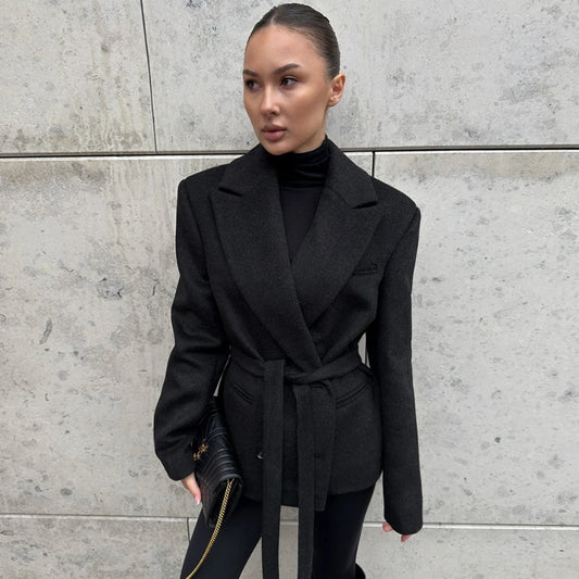 Belted Lapel Collar Blazer in black with double-breasted closure
