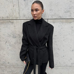 Belted Lapel Collar Blazer in black with double-breasted closure
