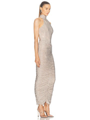  Women's backless maxi dress with a halter neckline and crystal details.