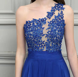 Royal Blue Chiffon One Shoulder Lace Evening Dress