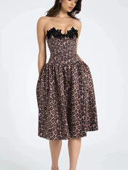 Wild Leopard Print Lace Patchwork Midi Dress