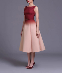 Elegant A-line midi dress with smooth finish, sleeveless cut, and soft ombre color fade