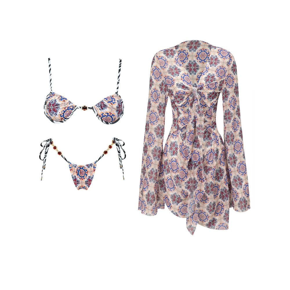 Two-piece swimwear set with geometric pattern laid out
