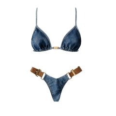 Denim Print Bikini Set with Wrap Skirt