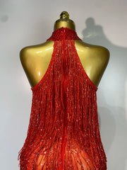 Beaded Fringe Halter Gown
