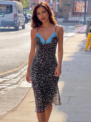 Leopard print slip dress with lace trim