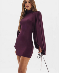 Fuchsia puff sleeve turtleneck mini dress