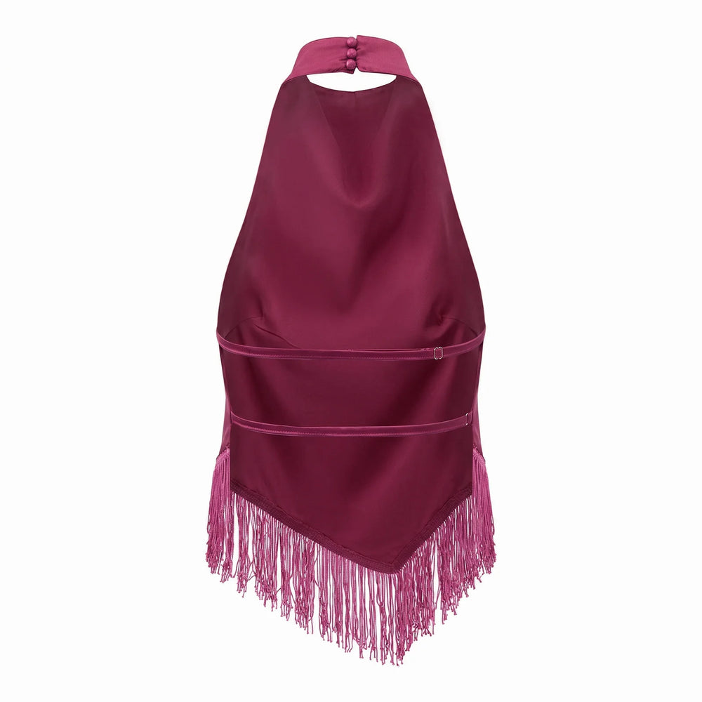 Pink halter top with fringe details on a white background
