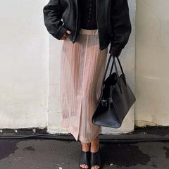 Sheer Pleated Slit Midi Skirt