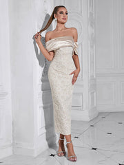 Slash Neck Embossed Flower Beige Dress