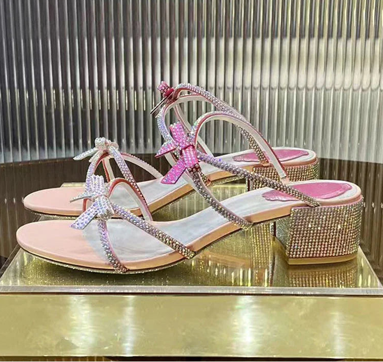 Pink Square Heels Crystal Butterfly-knot Party Shoes