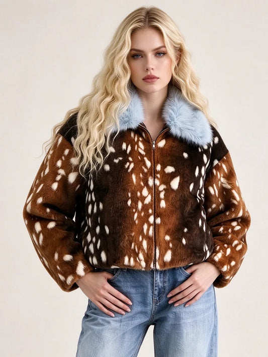 Faux fur deer print collar jacket on a model against a neutral background