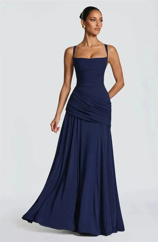 Deep blue square neck drape waist floor-length dress