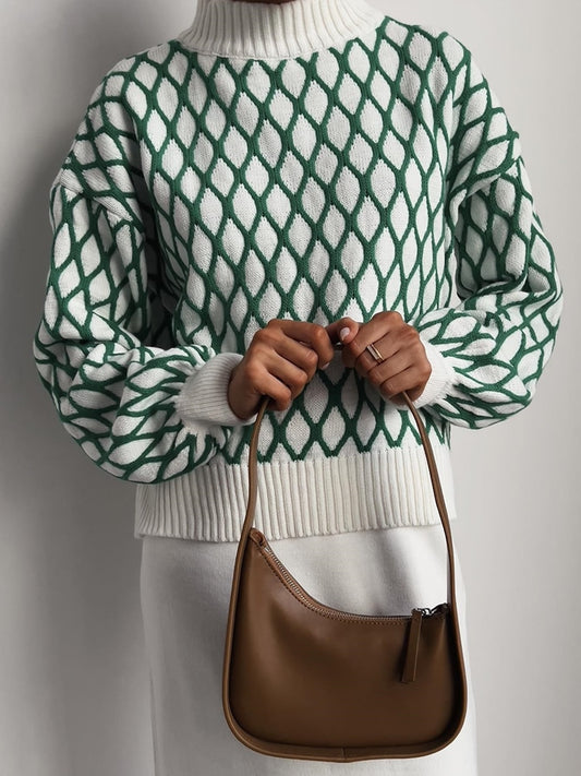 Oversized Plaid Sweater Half Turtleneck Knitted Jumpers
