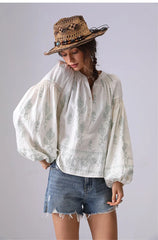 Embroidered Cotton Blouse with Lantern Sleeves