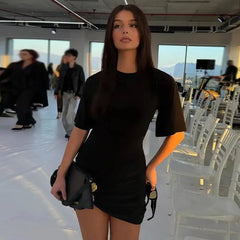 Black Short Sleeve Ruched With Gold Button Mini Dress