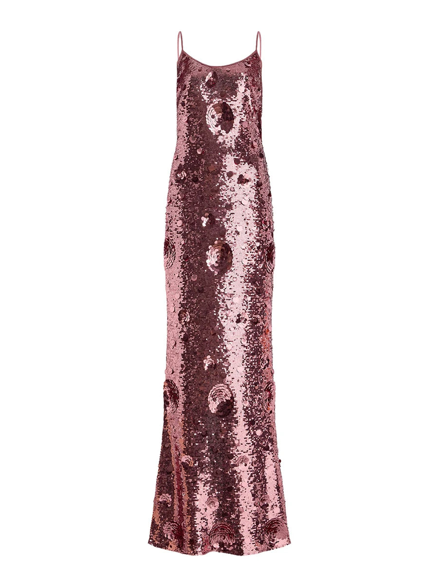 Full view of a rose gold sequin bodycon maxi dress.