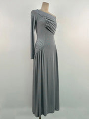 Gray one-shoulder dress on a mannequin against a plain background