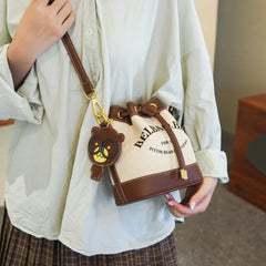 Embroidered Bear Canvas Drawstring Bucket Bag