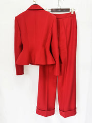 Red Beaded Short Blazer and Wide Leg Pant Set