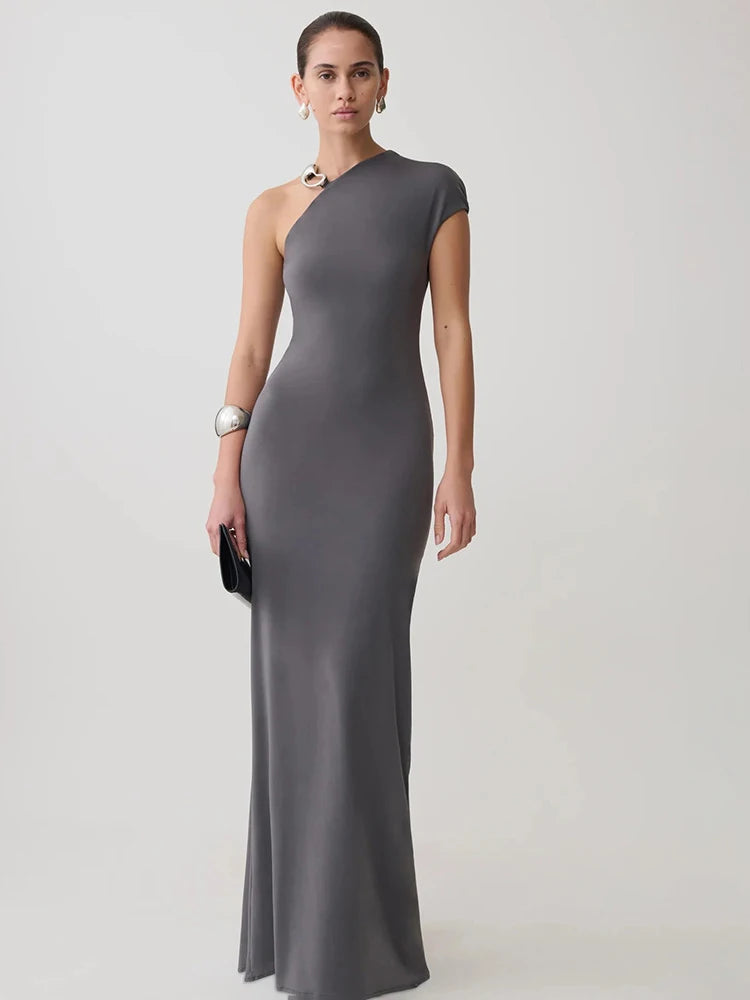 Gray one shoulder maxi dress