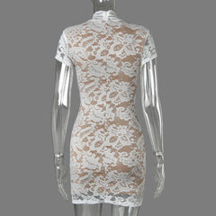 Lace Short Sleeve Turtleneck Bodycon Mini Dress
