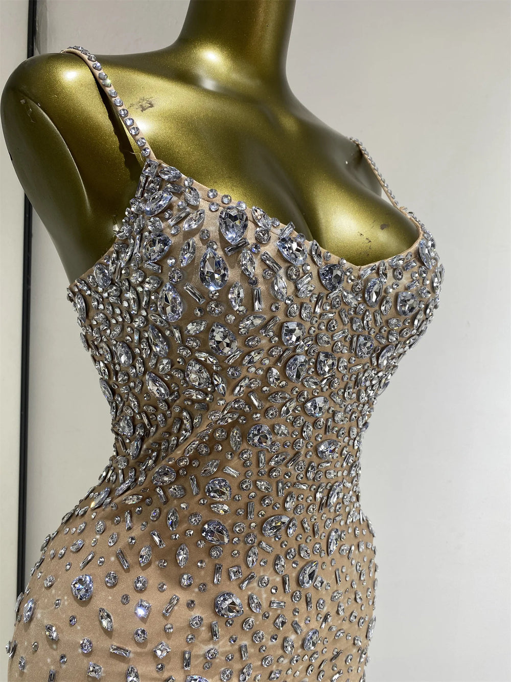 Crystal embellished spaghetti strap knee length dress back view