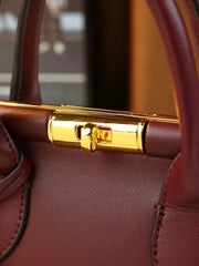 Structured Leather Top Handle Bag With Gold Hardware