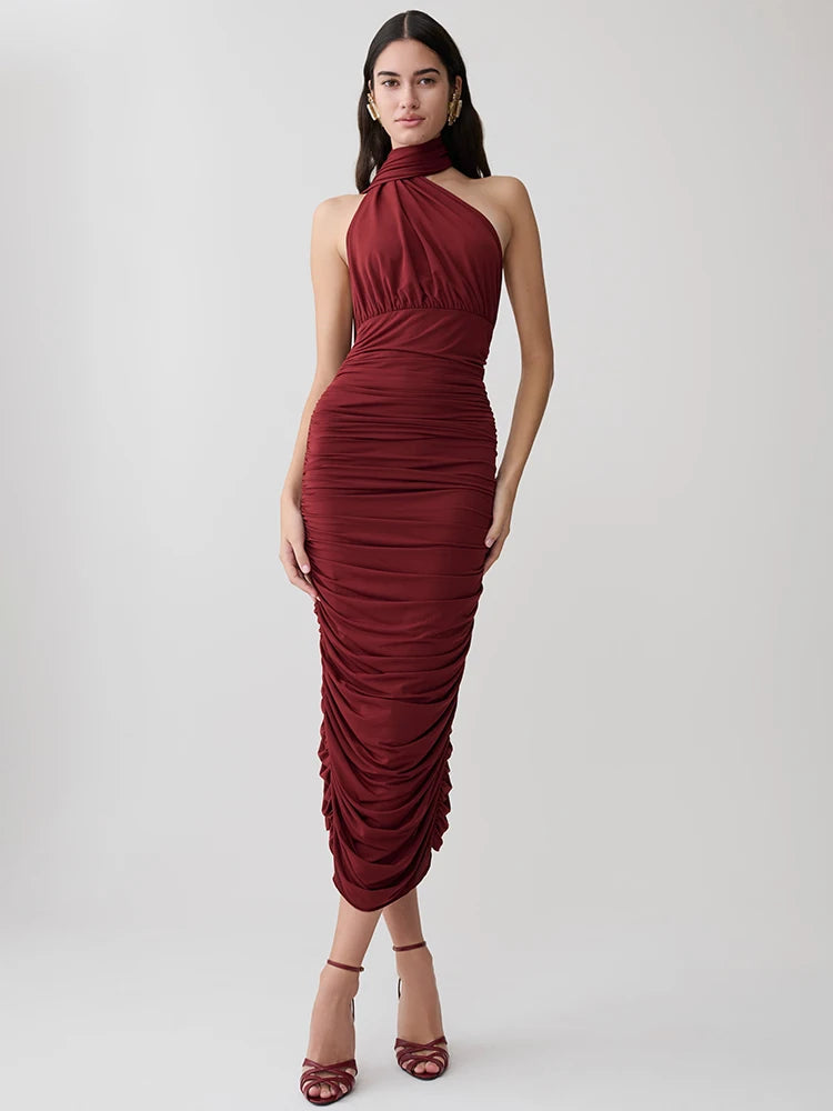 Burgundy halter neck ruched midi dress
