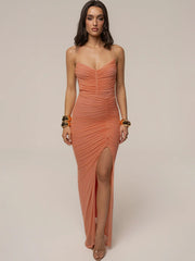 Ruched High Slit Spaghetti Strap Maxi Dress