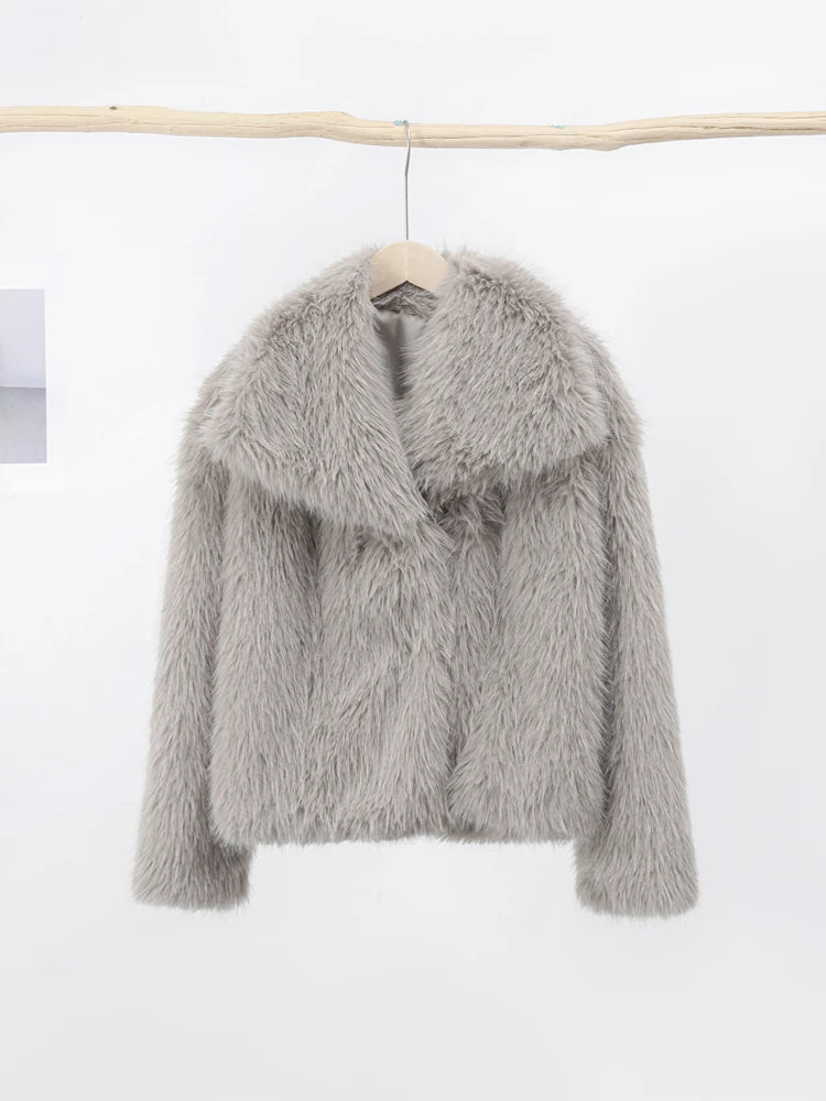 Fur Turndown Collar Long Sleeve Short Coat Female Outwear