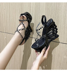 Transparent Super High Heeled Shoes Diamond Rivet PVC Band Fashion Sandals Summer Hollow Out Wedge Women's Pumps Golden Atelier