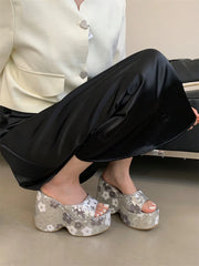 Floral Sequin Platform Wedge Sandals