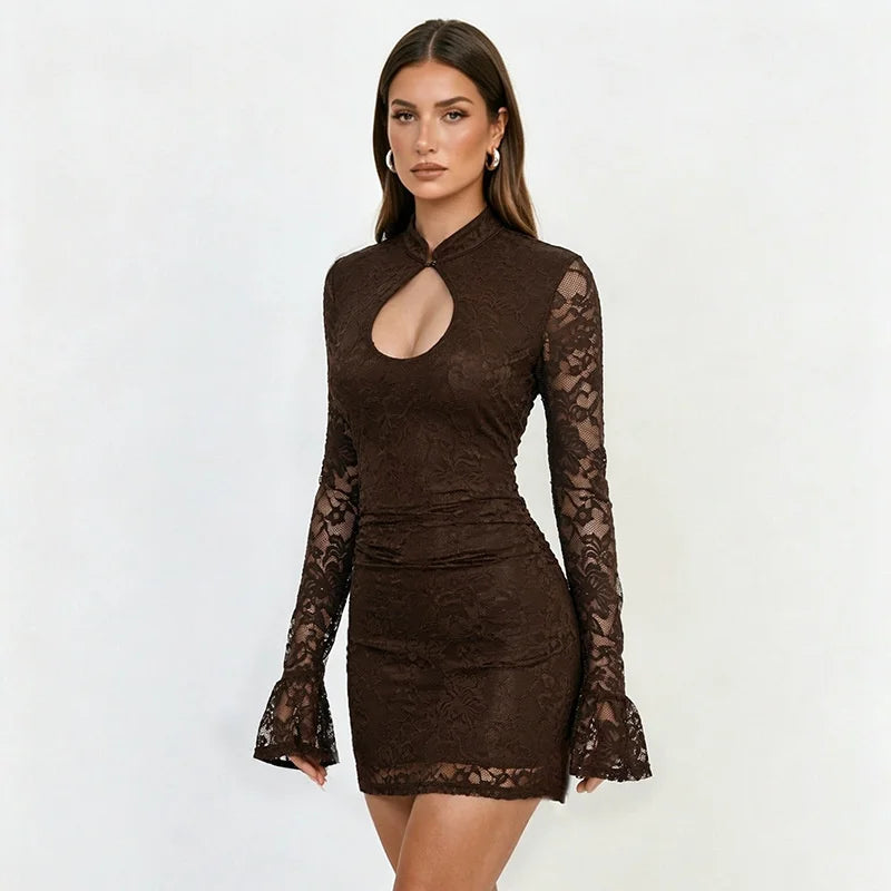 Brown lace mini dress with mock neck and flare sleeves