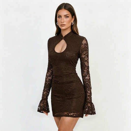 Brown lace mini dress with mock neck and flare sleeves