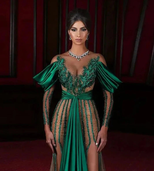 Satin Applique Beads Transparent Open Shoulder Green Prom Dress