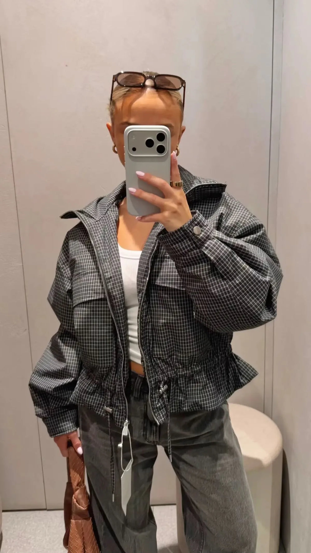 Plaid drawstring waist cropped jacket detail