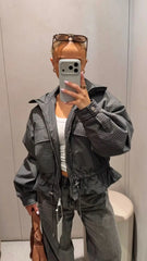 Plaid drawstring waist cropped jacket detail