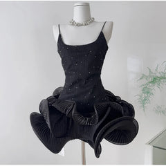 Rhinestone Embellished Wavy Ruffe Mini Dress