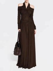 Brown ruched halter maxi dress on model