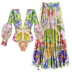 One-Shoulder Swimsuit with Oversized Flower Detail and Matching Printed Sarong Set