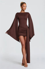 Draped Long Flare Sleeve Backless Bodycon Mini Dress