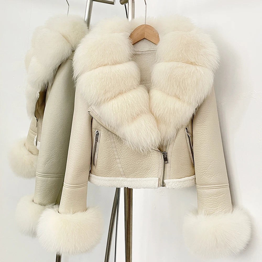 Cream-colored leather jacket with fur trim on a white background